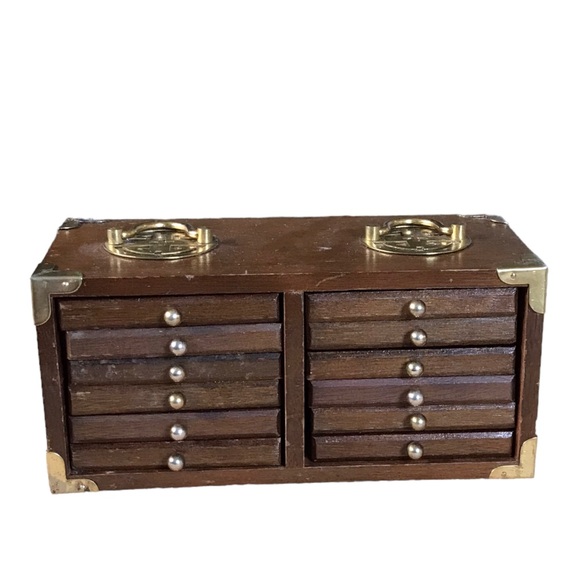 MCM Vintage Goodwood Teak Wooden Box Of 12 Wood And Cork Coasters Brass Handles - Picture 1 of 10